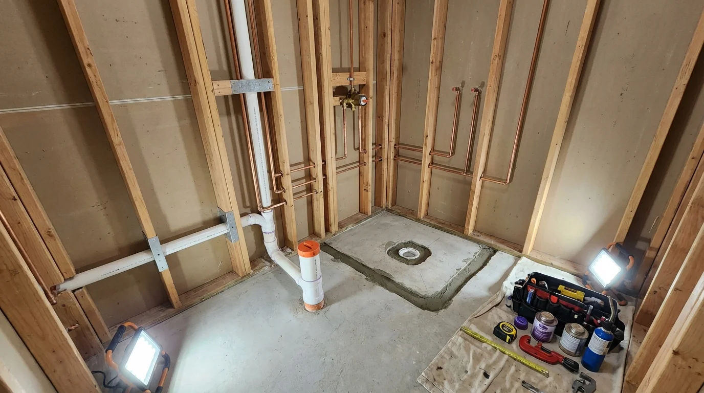 Bathroom rough-in plumbing during remodel by Johns Plumbing LLC in Unalaska