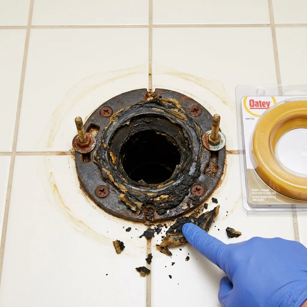 Failed wax ring showing water seepage at the base of a toilet in a Unalaska, AK home
