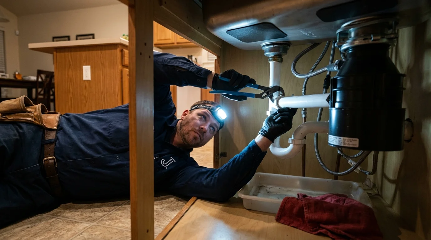 P-trap and supply line connections under a kitchen sink showing a common leak point in Unalaska, AK